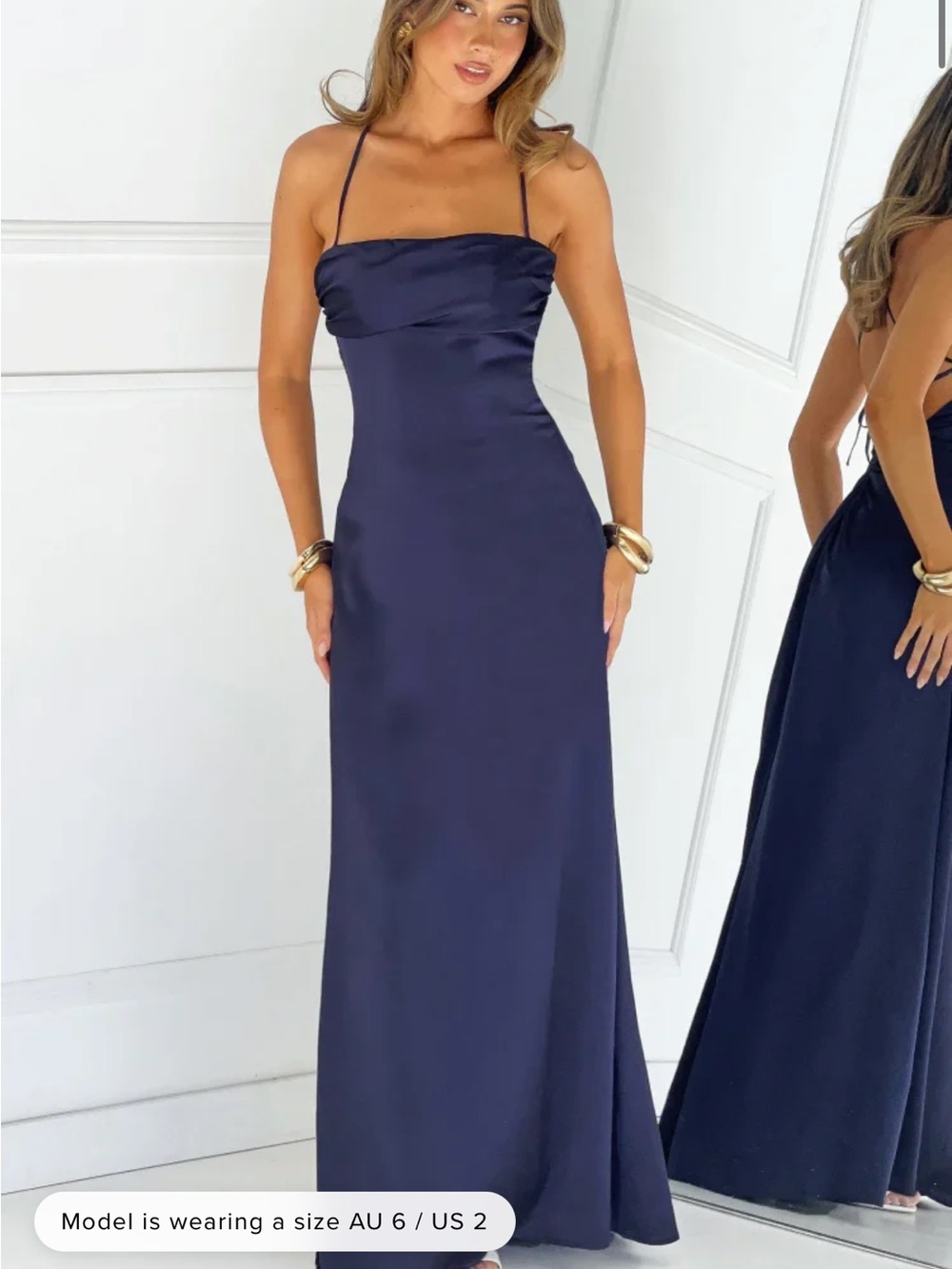 Beginning boutique Blaise Navy Satin Maxi Dress